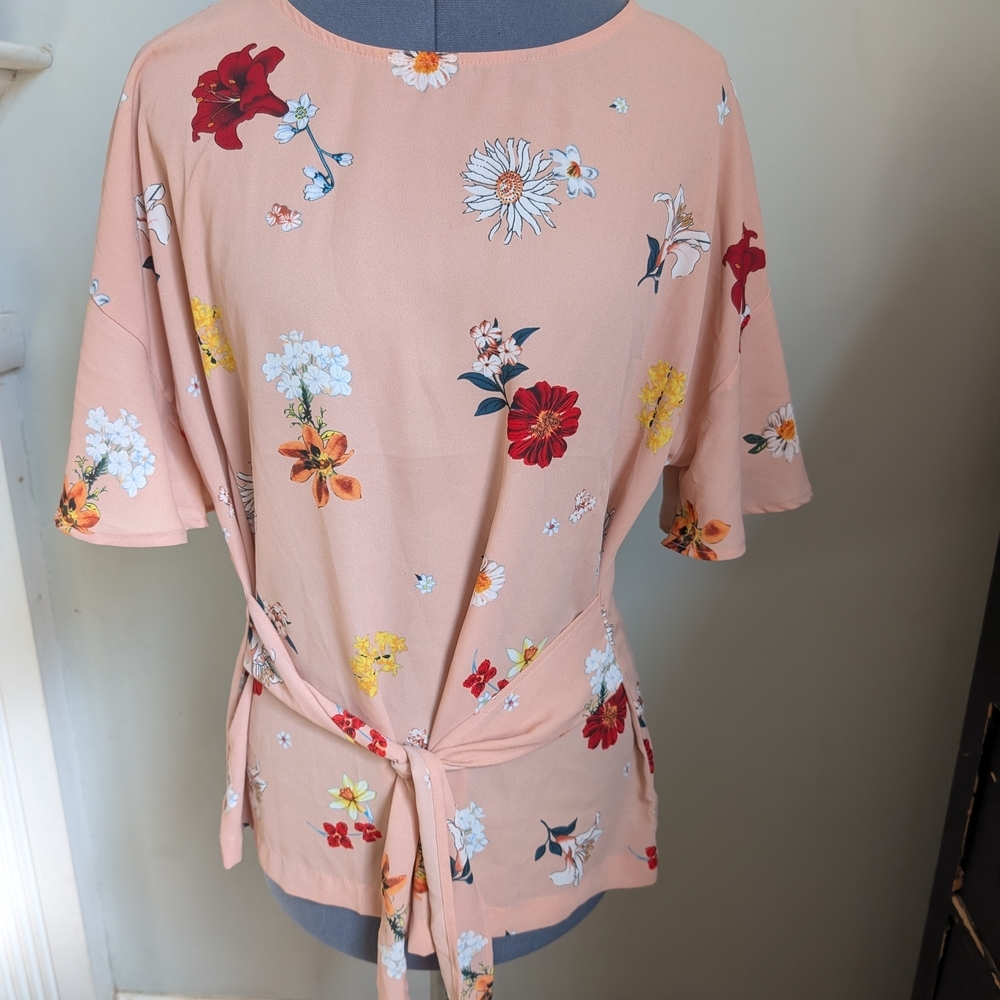 Pleione Pink Cream Tie Front Blouse
